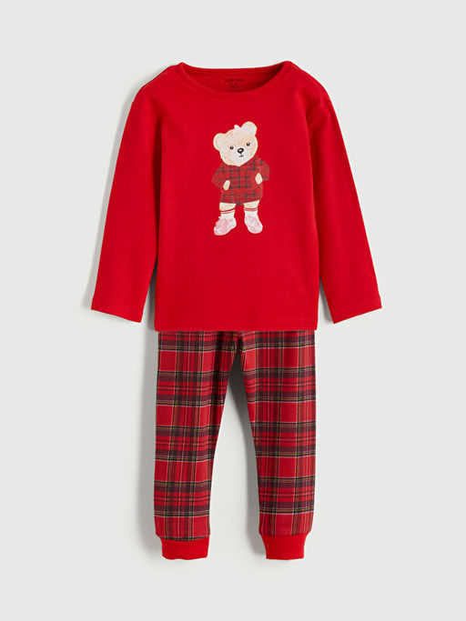 Bisiklet Yaka Ay? Teddy Bask?l? K?z Bebek Pijama Tak?m?