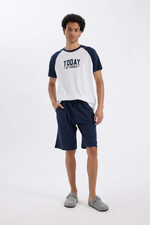 Regular Fit Pijama Tak?m? Bisiklet Yaka Bask?l? K?sa Kollu Ust Beli Bagc?kl? Sort Alt - Defacto фото 2