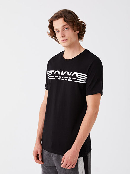 Bisiklet Yaka K?sa Kollu Bask?l? Penye Erkek Ti??rt - Waikiki фото 2