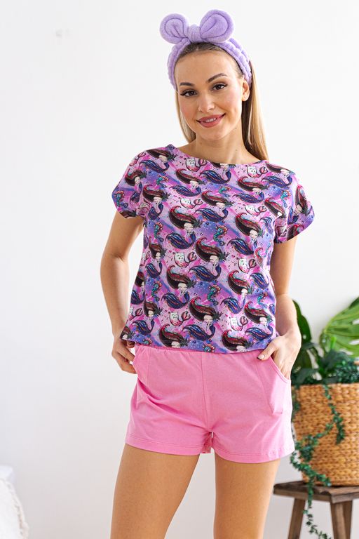 Комплект женский из футболки со спущенным плечом и шорт из кулирки Fairy-tale русалки, розовый - Амадэль фото 8