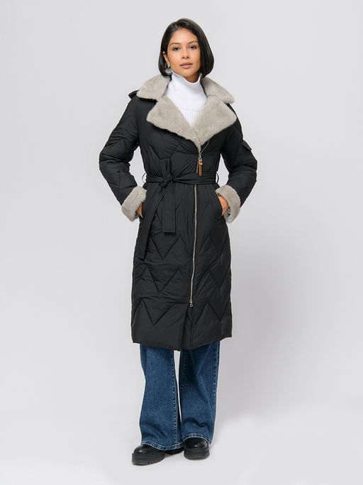 Пальто зимнее черного цвета с поясом и отложным воротником - 1001dress фото 3