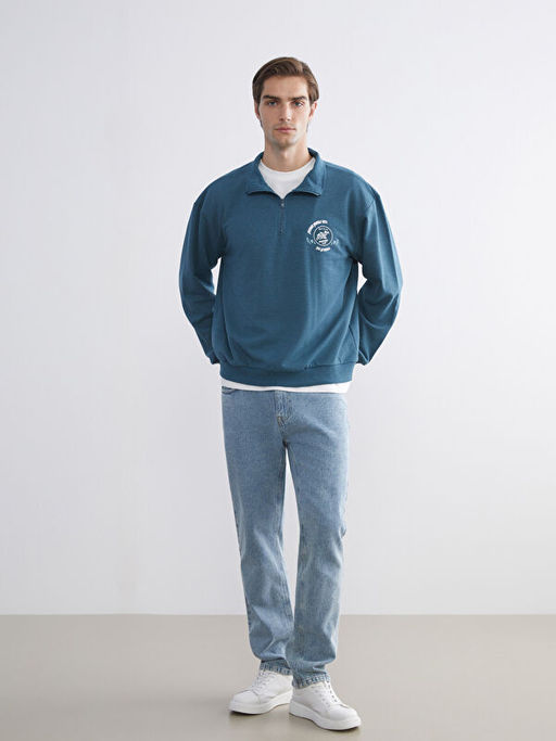 Dik Yaka Bask?l? Erkek Sweatshirt