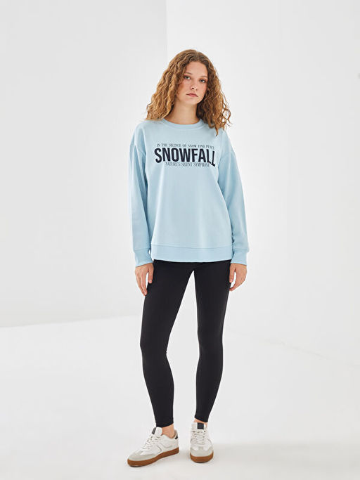 Bisiklet Yaka Bask?l? Oversize Kad?n Sweatshirt