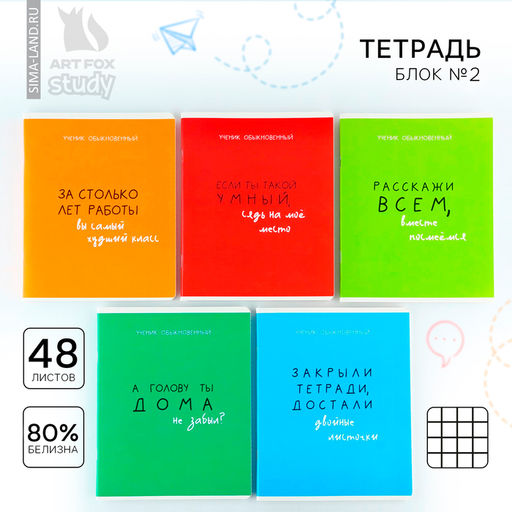 Цена за 5 шт. Тетрадь в клетку, 48 л., А5, на скрепке, блок №2 Типичный ученик, твин лак, уф лак, МИКС