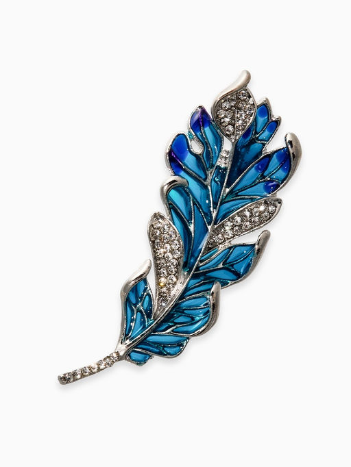 Брошь «Перо» прозрачное, синий, голубой в серебре