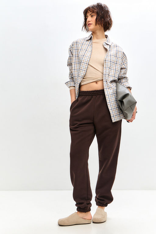 Брюки женские из футера трехнитка с начесом Сова шоколад макси