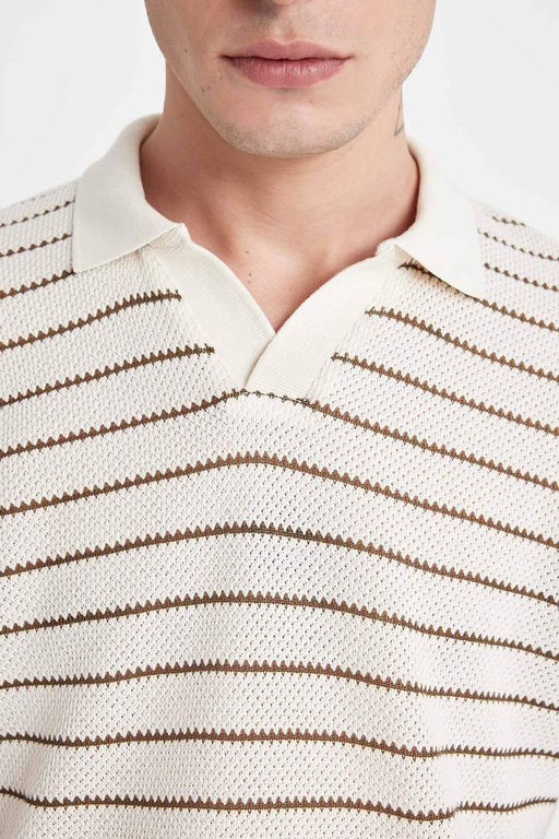 Трикотажная футболка-поло обычного кроя в полоску с короткими рукавами - Defacto фото 7