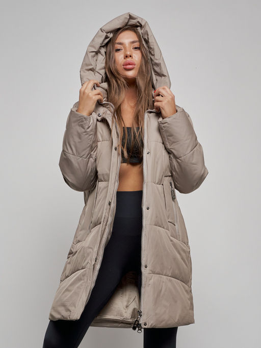 Пальто утепленное молодежное зимнее женское бежевого цвета 52363B