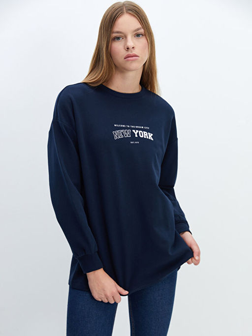Bisiklet Yaka Bask?l? Oversize Kad?n Sweatshirt Tunik