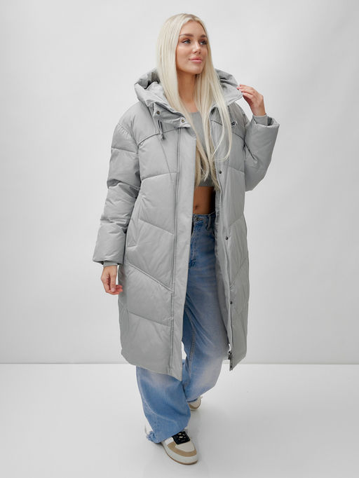 Пальто летучая мышь женское с капюшоном зимнее серого цвета 9616Sr - Mtforce фото 16