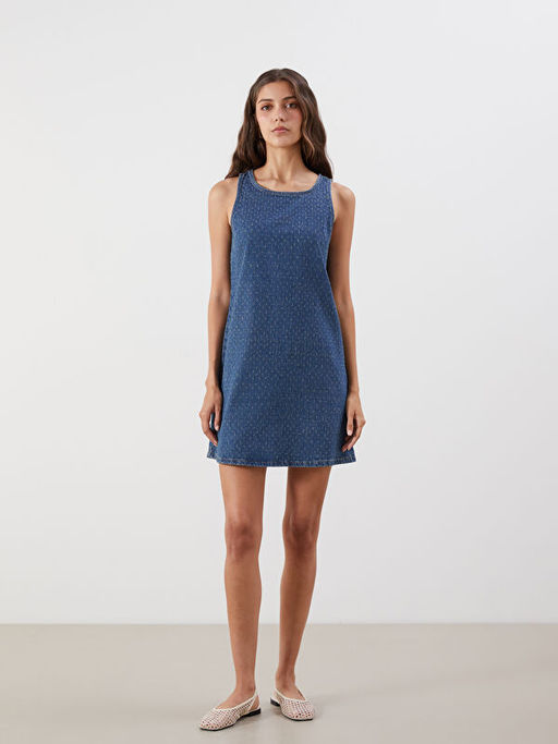 Bisiklet Yaka Kendinden Desenli Mini Jean Elbise