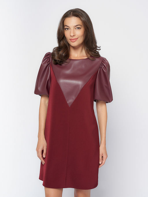 Платье бордового цвета длины мини с пышными рукавами и кожаной вставкой - 1001dress фото 3