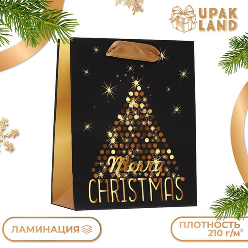Цена за 12 шт. Пакет подарочный новогодний ламинированный Золотой Merry Christmas 11.5?14.5?6 см