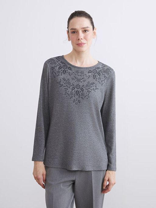 Bisiklet Yaka ?i?ek Nak??l? Bluz