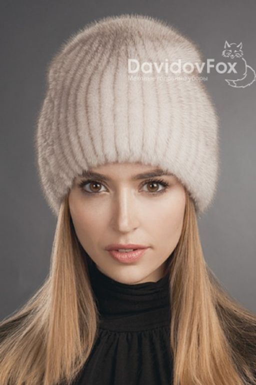 Шапка Бини норка орнамент светлый кизил