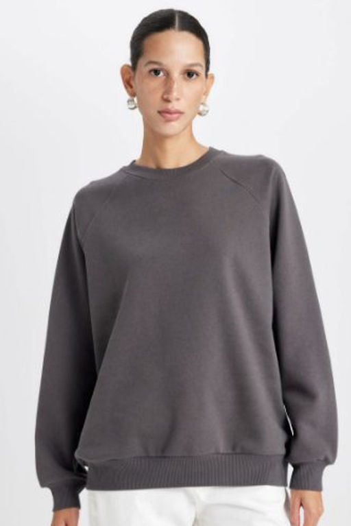 Oversize Genis Kal?p Bisiklet Yaka Kal?n Basic Duz Sweatshirt