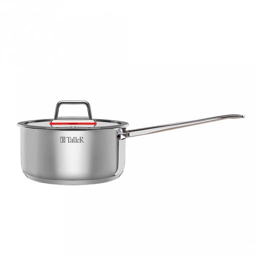 Ковш из нержавеющей стали Tendency 0,9л, д14см, h6,8см, s0,6мм, дно s2,8мм, плоская стеклянная жаропрочная крышка, пароотвод, стальной обод, прутковая ручка из нержавеющей стали на точечной сварке, полировка снаружи - зеркальная, внутри - зеркальна