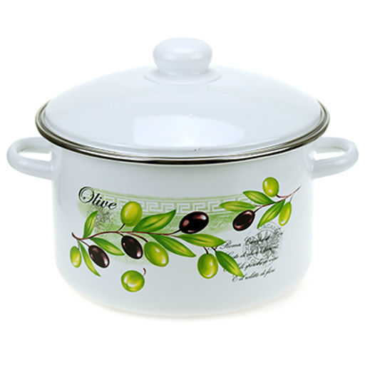 "Оливия-А" Кастрюля эмалированная 4л, цилиндрическая форма, металлическая крышка с пластмассовой ручкой-кнопкой, ободок из нержавеющей стали, белый (Россия)