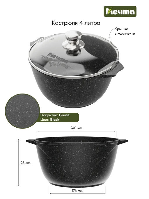 ГРАНИТ BLACK Кастрюля 4,0л, арт.44802