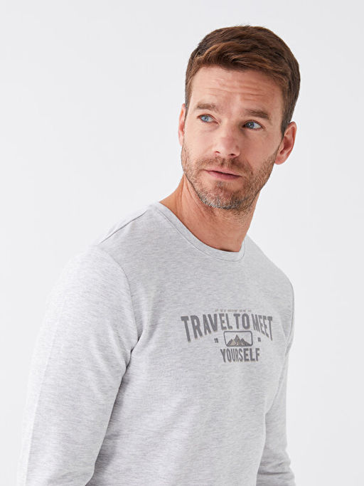 Bisiklet Yaka Uzun Kollu Bask?l? Erkek Sweatshirt