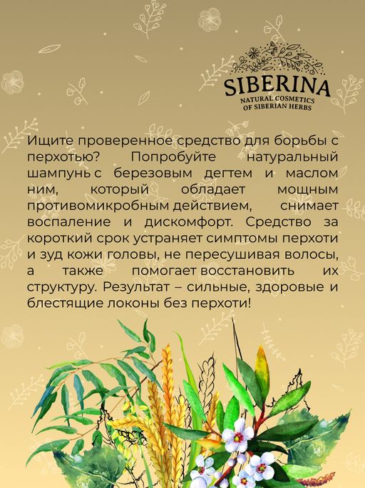 Шампунь дегтярный Против перхоти с бактерицидным и противомикробным действием SIBERINA