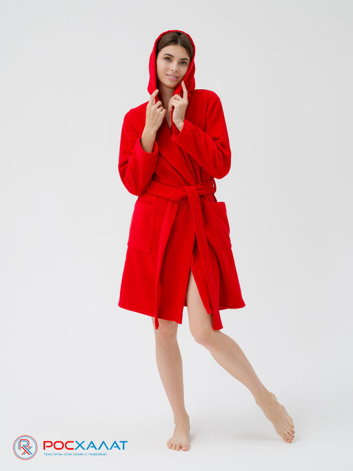 Махровый женский укороченный халат с капюшоном красный МЗ-01 (67)