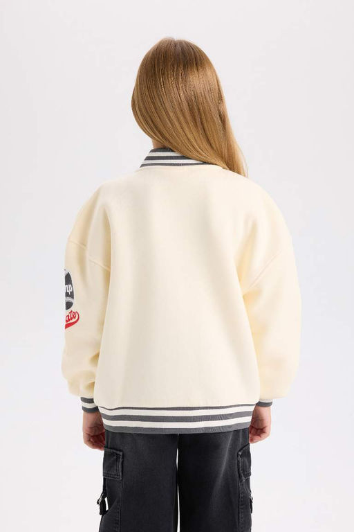 Бомбер с воротником колледжа и принтом для девочек, толстый свитшот из ткани, мягкий пушистый кардиган - Defacto фото 6