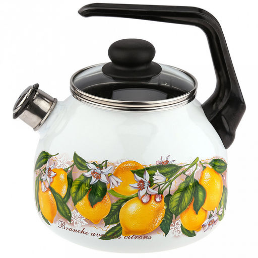 Limon New Чайник эмалированный 3л, д12,5см, h16см, со свистком, сферическая форма, стеклянная крышка, белый (Россия)