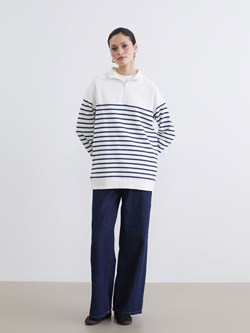 Dik Yaka ?izgili Kad?n Kal?n Sweatshirt Tunik