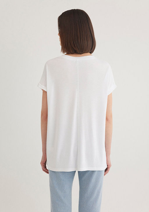 V Yaka Beyaz Basic ViskozTisort - Mavi фото 4