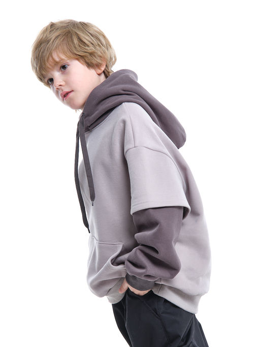 Худи джемпер с начесом с комбинированными рукавами 33-7481 беж/кофе - Mini maxi фото 9