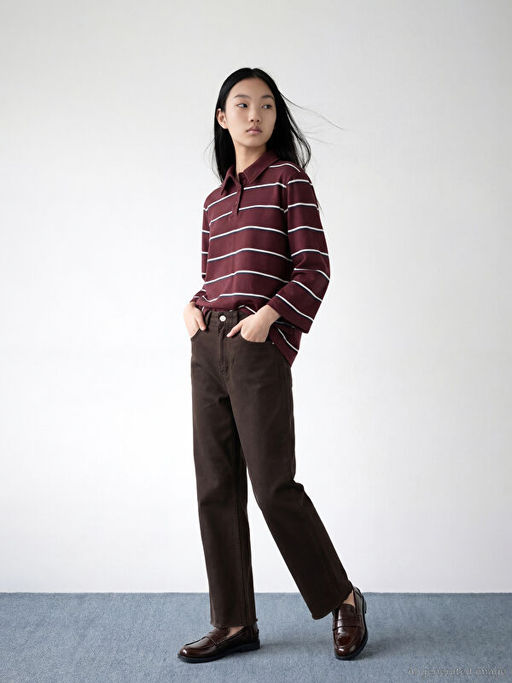 Polo Yaka ?izgili Oversize Kad?n Ti??rt