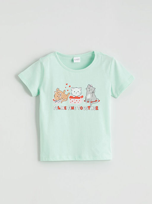 Kedi Bask?l? K?z ?ocuk ?ortlu Penye Pijama Tak?m?