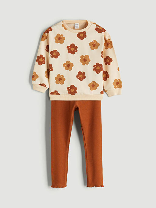 Bisiklet Yaka Bask?l? K?z Bebek Sweatshirt ve Tayt 2li