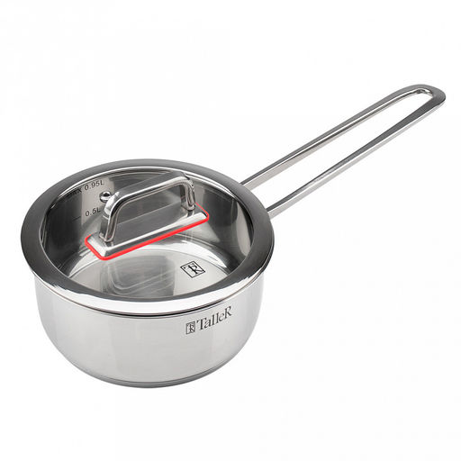 Ковш из нержавеющей стали Tendency 0,9л, д14см, h6,8см, s0,6мм, дно s2,8мм, плоская стеклянная жаропрочная крышка, пароотвод, стальной обод, прутковая ручка из нержавеющей стали на точечной сварке, полировка снаружи - зеркальная, внутри - зеркальна - Домашняя мода фото 2