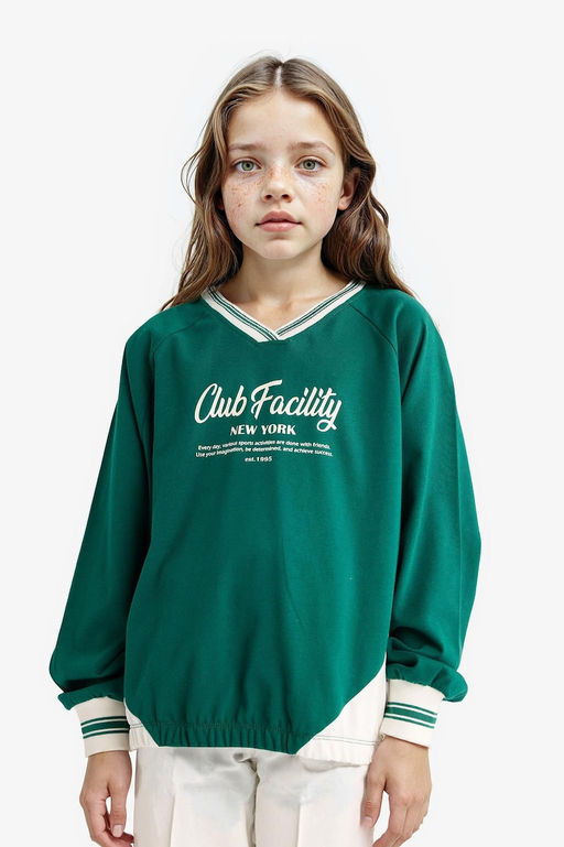 %100 Pamuk Oversize Geni_ Kal_p V Yaka Bask_l_ Okul Sweatshirt K_z _ocuk - Defacto фото 3