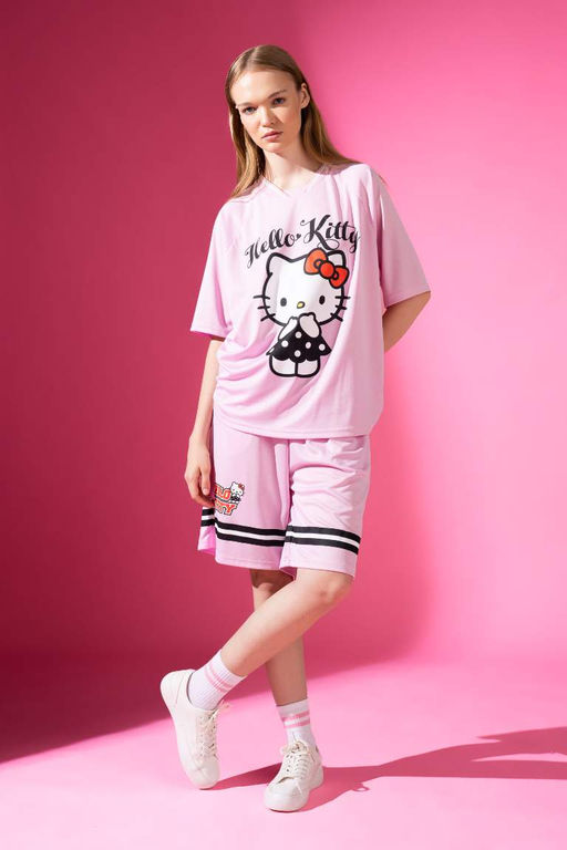 Футболка Cool Hello Kitty Oversize с V-образным вырезом и короткими рукавами - Defacto фото 3