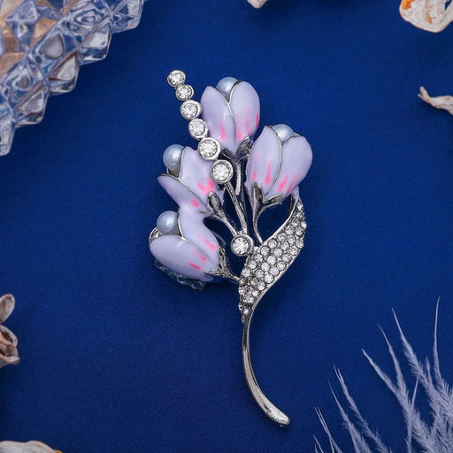 Брошь Цветы ландыши, цвет бело-розовый в серебре - Queen fair фото 3