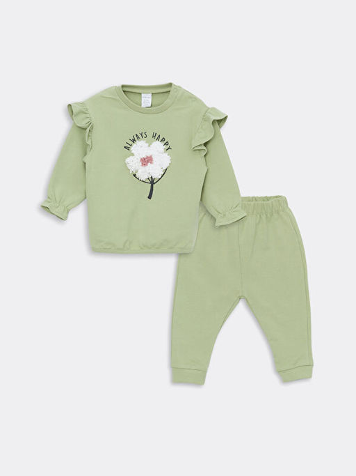 Bisiklet Yaka Uzun Kollu Bask?l? K?z Bebek Sweatshirt ve E?ofman Alt 2li Tak?m