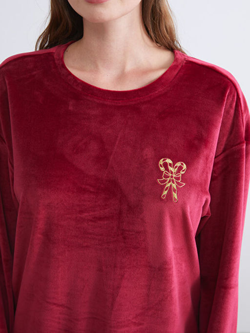 Bisiklet Yaka Nak??l? Kad?n Kadife Pijama Tak?m?