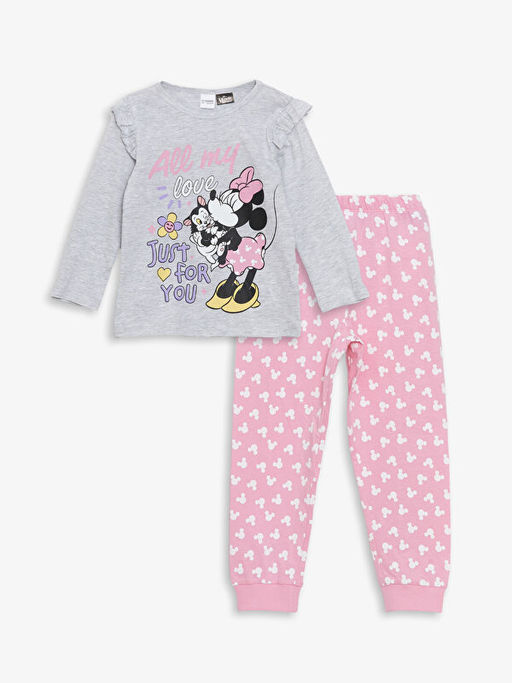 Bisiklet Yaka Minnie Mouse Bask?l? K?z ?ocuk Pijama Tak?m?