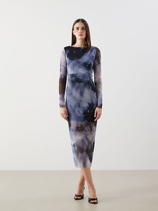 Bisiklet Yaka Batik Desenli Kad?n Bodycon Elbise