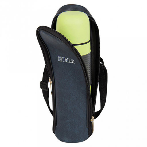 Термос из нержавеющей стали с узкой горловиной 1л "Лестер" д8,7см, h31,4см, горло д5,1см, кнопочный механизм, автостоппер, защита от проливания, завинчивающаяся крышка-стакан, силиконовый протектор, покрытие - салатовый глянец, чехол из экокожи серый