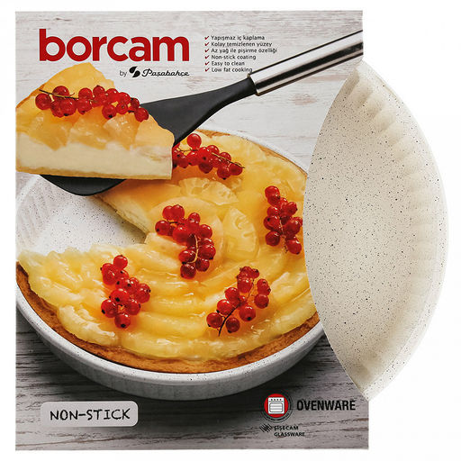 "Боркам (Borcam)" Форма стеклянная жаропрочная 1,72л, д26см, h5см, волнистый бортик, антипригарное покрытие, кремовый, цветная коробка, Pasabahce (Турция)