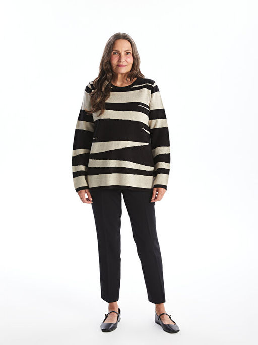 Bisiklet Yaka Desenli Uzun Kollu Kad?n Triko Kazak