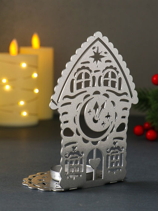 Подсвечник на 1 свечу Домик новогодний с часами, металл, серебряный, 6.7?10?13.5 см