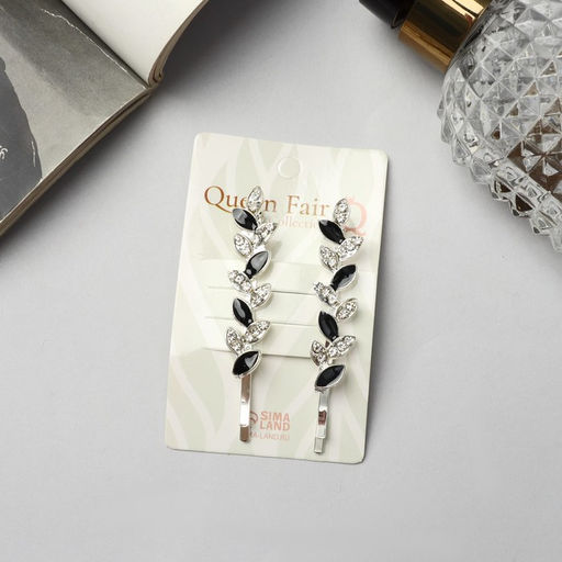 Цена за 2 шт. Невидимки для волос «Аннабелль», набор 2 шт., лепесток чёрный, 6.5 см, серебро