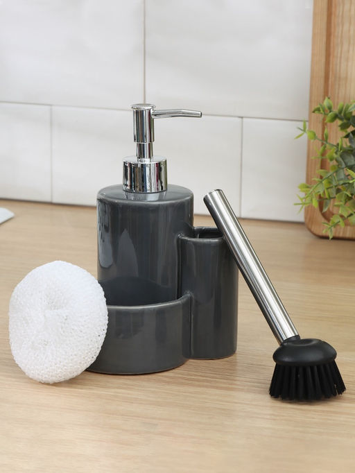 Дозатор для моющего средства Доляна «Милитари», 370 мл, с губкой и щёткой, серый