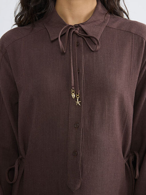 G?mlek Yaka A Kesim Keten Kar???ml? Elbise