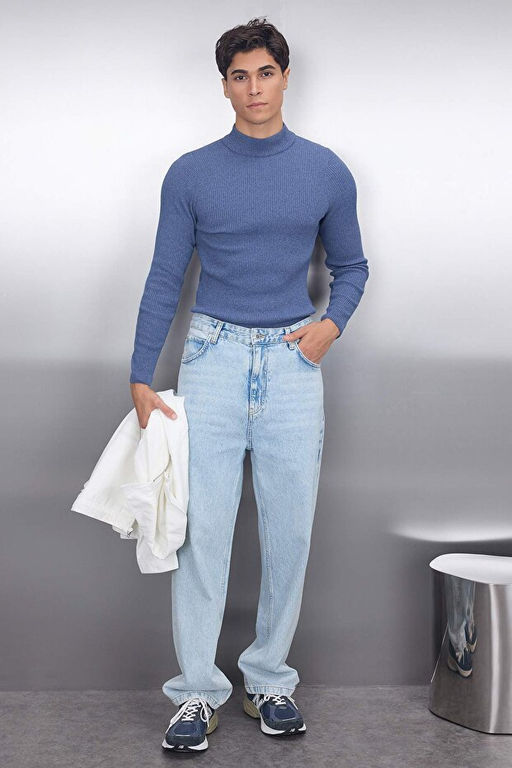 Indigo Fitted Dar Kal_p Pamuklu Yar_m Bal_k__ Yaka Fitilli Triko Kazak TMNAW21KZ0568